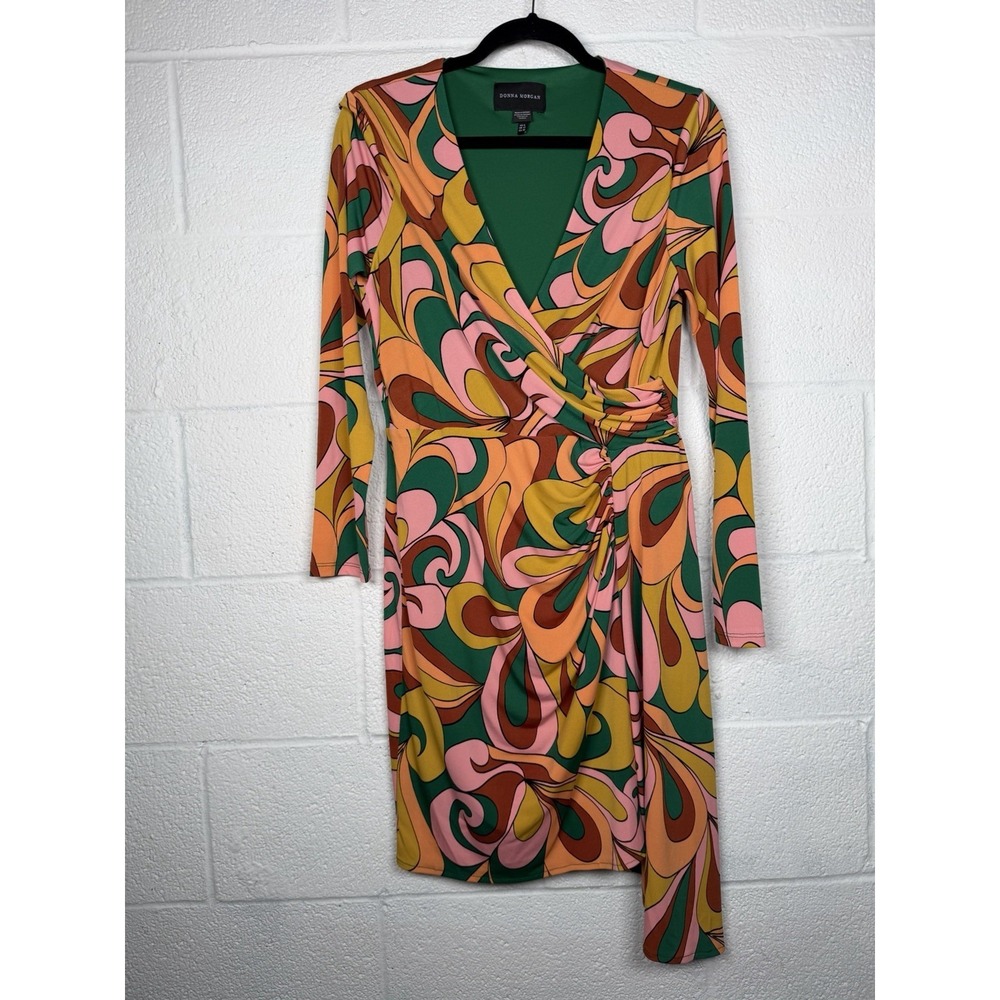 Donna Morgan Psychedelic Swirl Wrap Dress Pink Orange Green Retro Mod 8